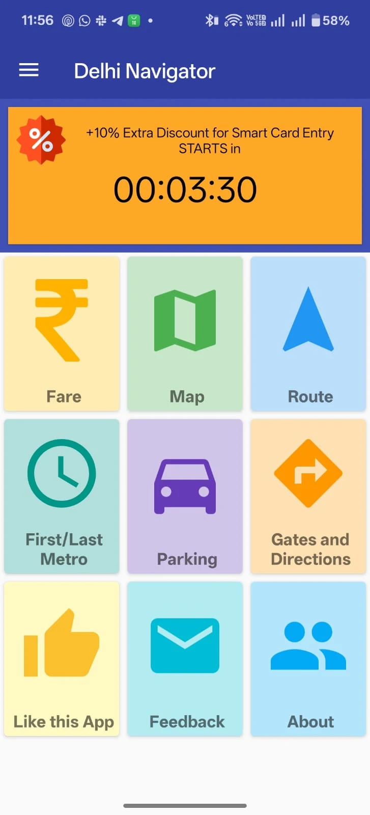 Delhi Navigator app home screen with fare calculator, route planner, metro map and first last train features