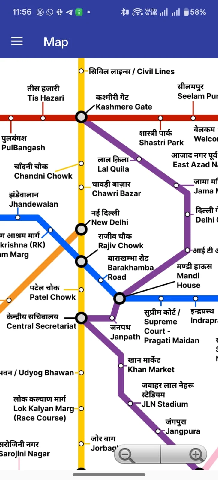 Delhi Metro network map showing all DMRC lines including Yellow, Blue, Red and Purple lines