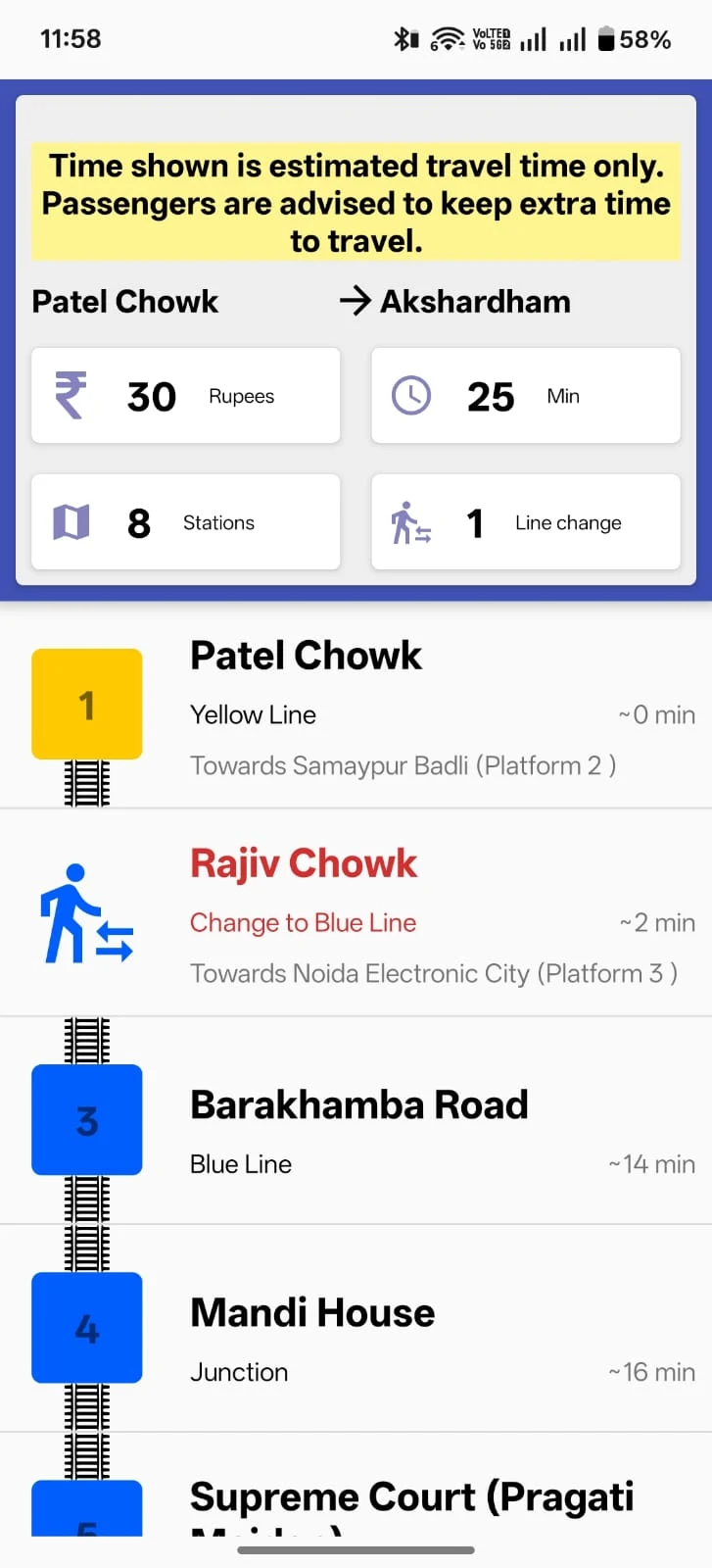 Delhi Metro route planner showing Patel Chowk to Akshardham with fare, travel time, stations and line change details